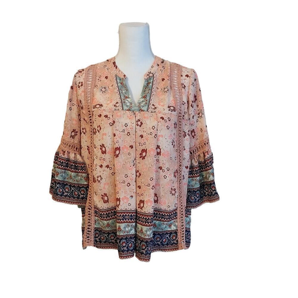 Knox Rose Embroidered Babydoll Top Small Pink Boho Hippie Peasant Cottagecore